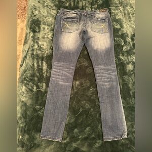 Akademiks Women's Blue Skinny Jeans with Yellow Stitching